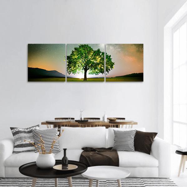 Tree On Field Under Milky Way Galaxy In Romania Panoramic Canvas Wall Art-3 Piece-25" x 08"-Tiaracle