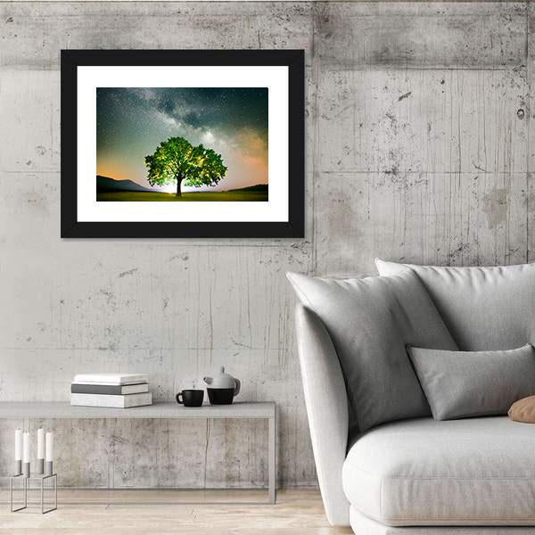 Tree On Field Under Milky Way Galaxy In Romania Panoramic Canvas Wall Art-1 Piece-36" x 12"-Tiaracle