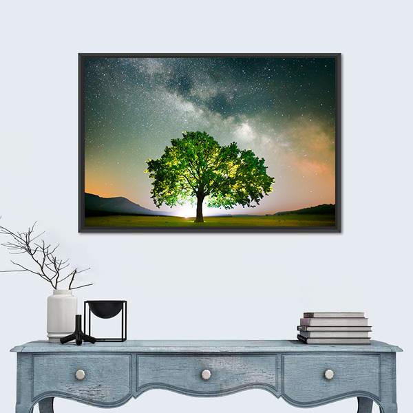 Tree On Field Under Milky Way Galaxy In Romania Panoramic Canvas Wall Art-1 Piece-36" x 12"-Tiaracle