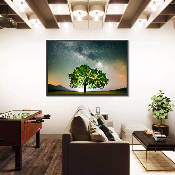 Tree On Field Under Milky Way Galaxy In Romania Panoramic Canvas Wall Art-1 Piece-36" x 12"-Tiaracle