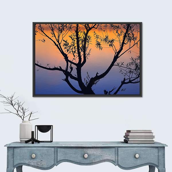 Tree Silhouette At Sunrise Canvas Wall Art-1 Piece-Floating Frame-24" x 16"-Tiaracle