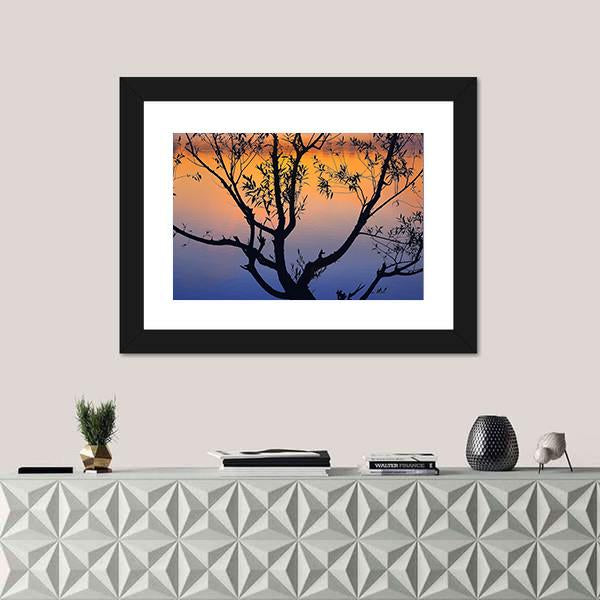 Tree Silhouette At Sunrise Canvas Wall Art-1 Piece-Framed Print-20" x 16"-Tiaracle