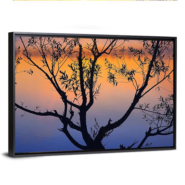 Tree Silhouette At Sunrise Canvas Wall Art-3 Horizontal-Gallery Wrap-25" x 16"-Tiaracle