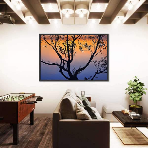Tree Silhouette At Sunrise Canvas Wall Art-3 Horizontal-Gallery Wrap-25" x 16"-Tiaracle