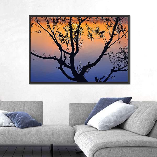 Tree Silhouette At Sunrise Canvas Wall Art-3 Horizontal-Gallery Wrap-25" x 16"-Tiaracle