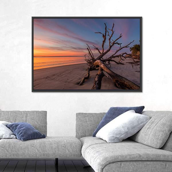 Tree Trunk On Beach Canvas Wall Art-1 Piece-Floating Frame-36" x 24"-Tiaracle