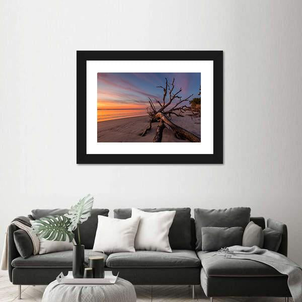 Tree Trunk On Beach Canvas Wall Art-1 Piece-Framed Print-42" x 14"-Tiaracle