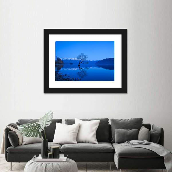 Tree Under Moon Light At Lake Wanaka Canvas Wall Art-1 Piece-Framed Print-20" x 16"-Tiaracle