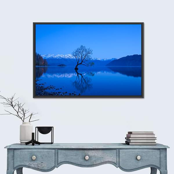 Tree Under Moon Light At Lake Wanaka Canvas Wall Art-3 Horizontal-Gallery Wrap-25" x 16"-Tiaracle