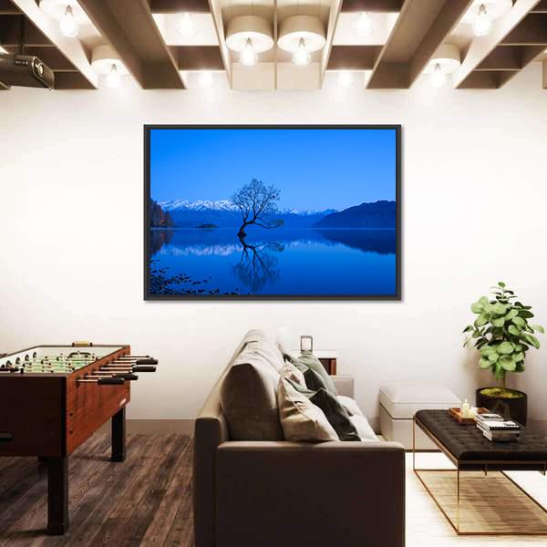 Tree Under Moon Light At Lake Wanaka Canvas Wall Art-3 Horizontal-Gallery Wrap-25" x 16"-Tiaracle