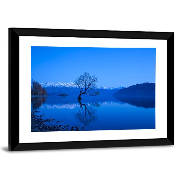 Tree Under Moon Light At Lake Wanaka Canvas Wall Art-3 Horizontal-Gallery Wrap-25" x 16"-Tiaracle
