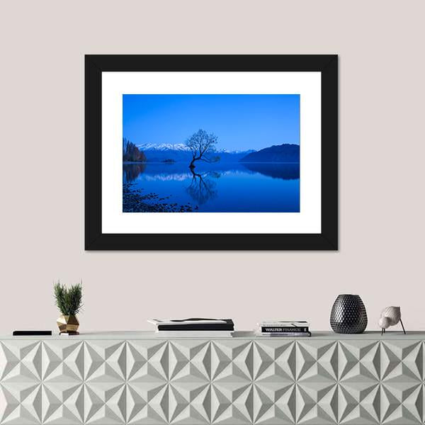 Tree Under Moon Light At Lake Wanaka Canvas Wall Art-3 Horizontal-Gallery Wrap-25" x 16"-Tiaracle