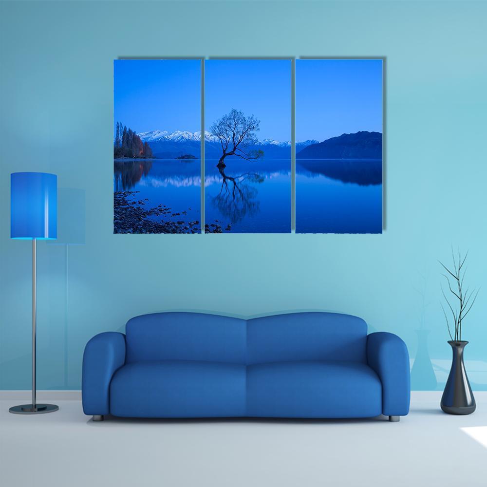 Tree Under Moon Light At Lake Wanaka Canvas Wall Art-5 Pop-Gallery Wrap-47" x 32"-Tiaracle