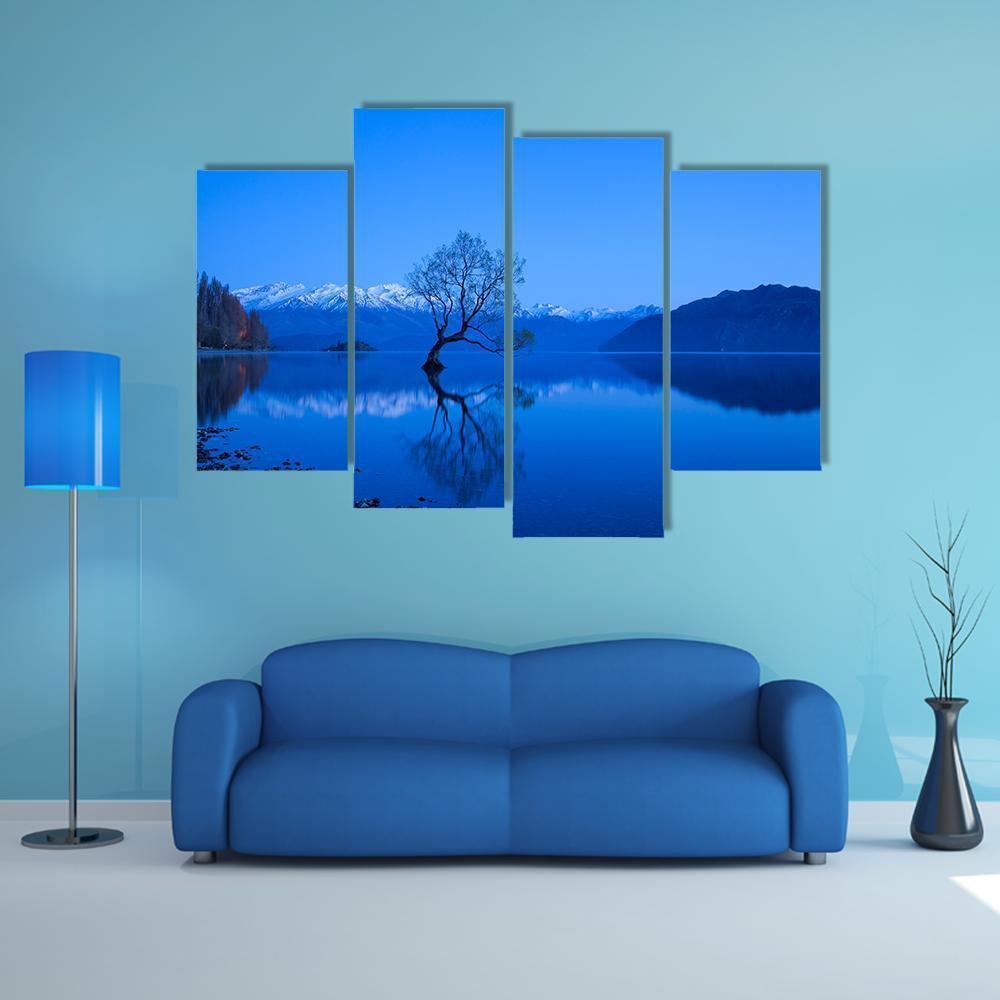 Tree Under Moon Light At Lake Wanaka Canvas Wall Art-4 Pop-Gallery Wrap-50" x 32"-Tiaracle