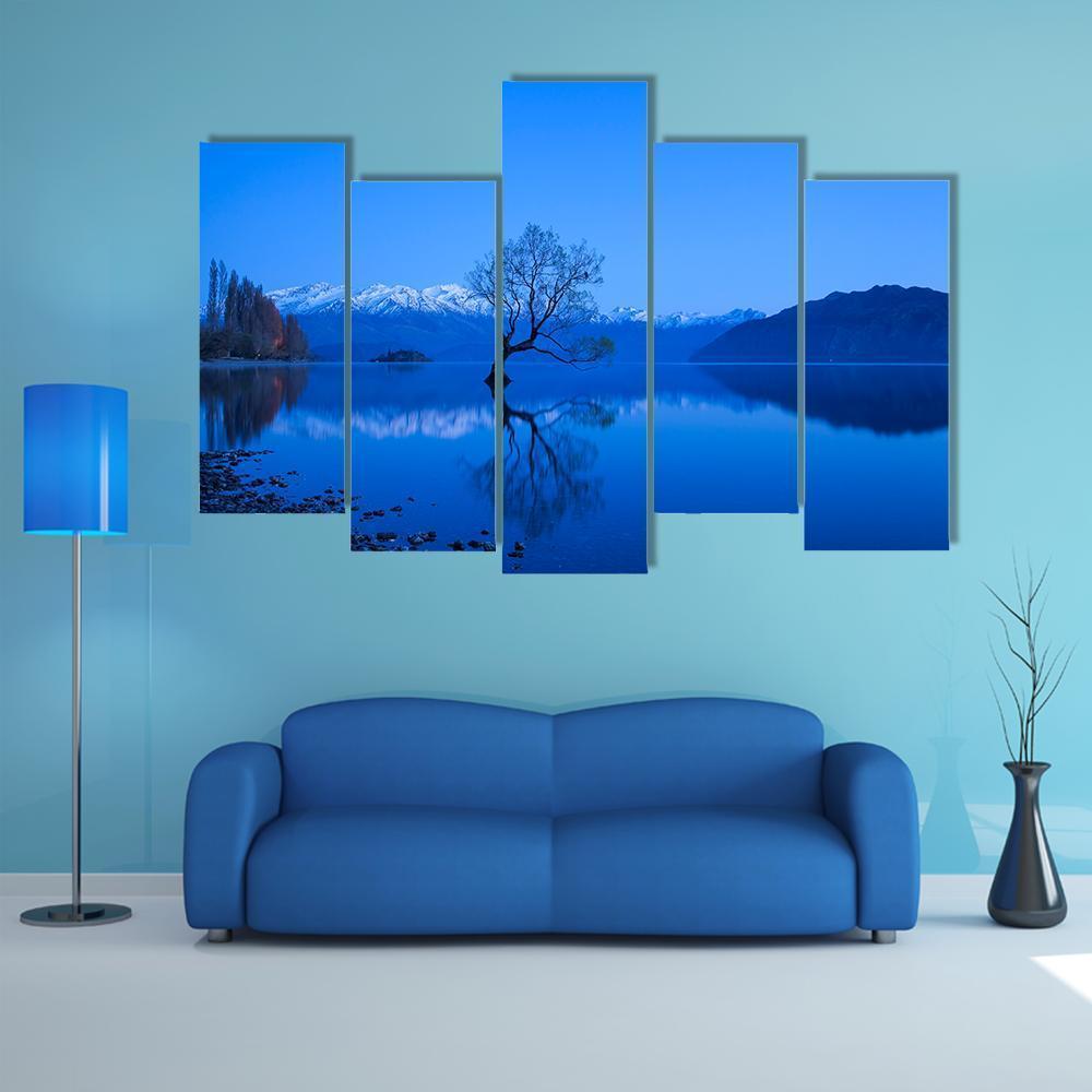 Tree Under Moon Light At Lake Wanaka Canvas Wall Art-5 Pop-Gallery Wrap-47" x 32"-Tiaracle