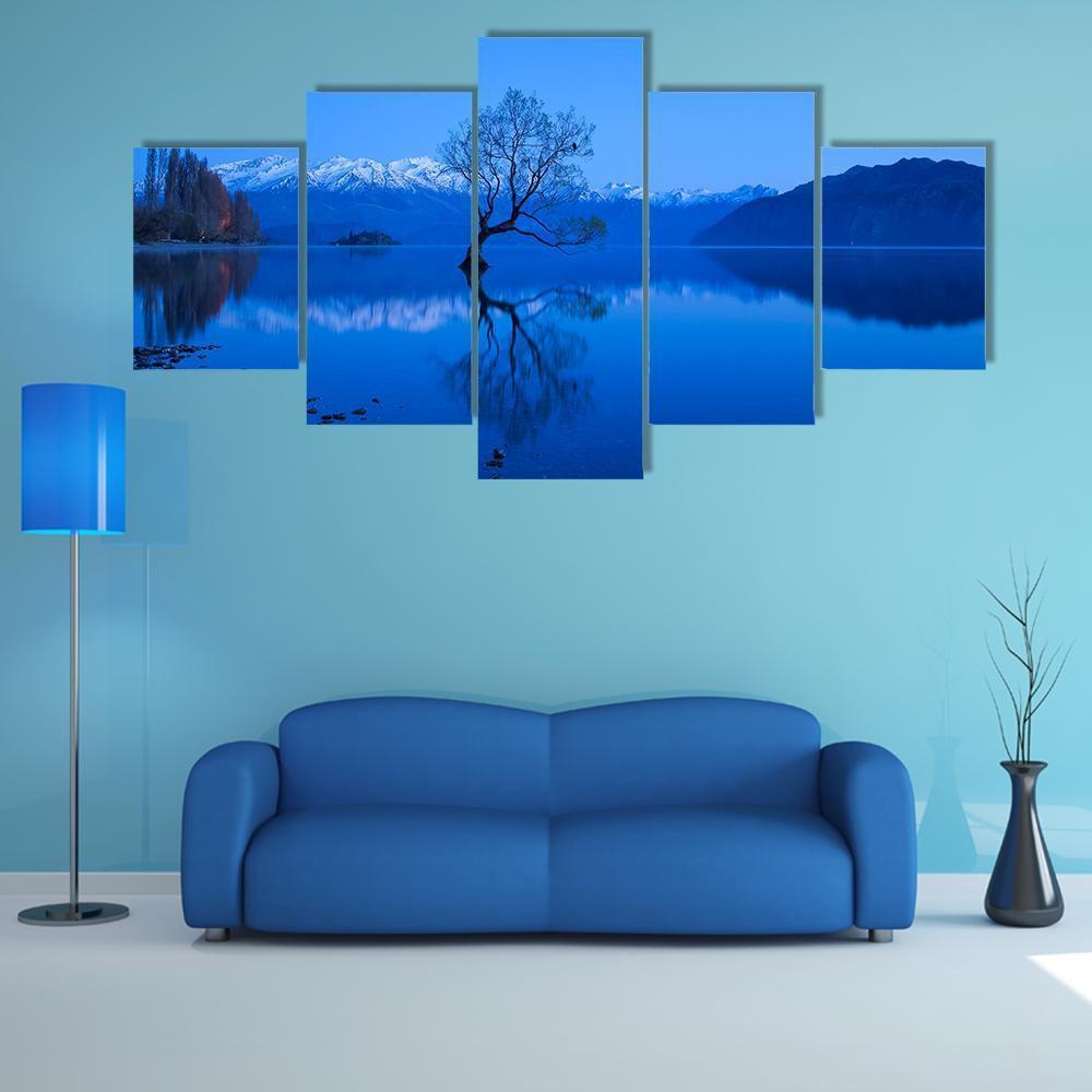 Tree Under Moon Light At Lake Wanaka Canvas Wall Art-5 Star-Gallery Wrap-62" x 32"-Tiaracle