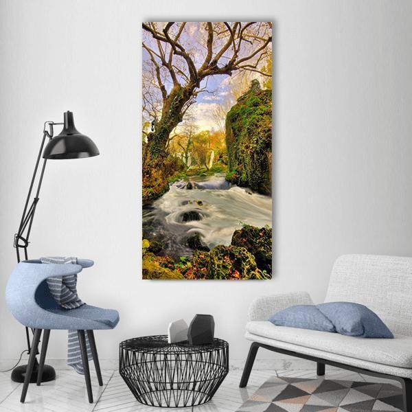 Tree With Waterfall Landscape In Forest Vertical Canvas Wall Art-1 Vertical-Gallery Wrap-12" x 24"-Tiaracle