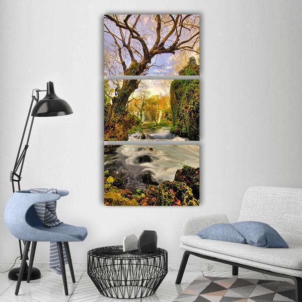 Tree With Waterfall Landscape In Forest Vertical Canvas Wall Art-1 Vertical-Gallery Wrap-12" x 24"-Tiaracle