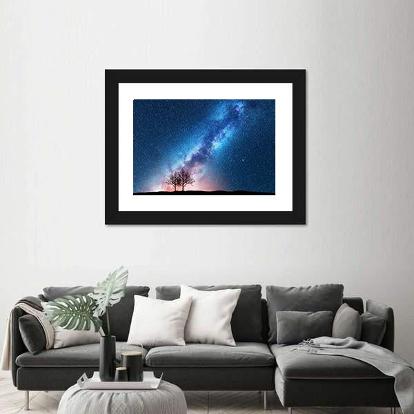 Trees Against Starry Sky With Milky Way Canvas Wall Art-1 Piece-Framed Print-20" x 16"-Tiaracle
