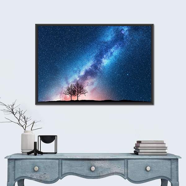 Trees Against Starry Sky With Milky Way Canvas Wall Art-3 Horizontal-Gallery Wrap-25" x 16"-Tiaracle
