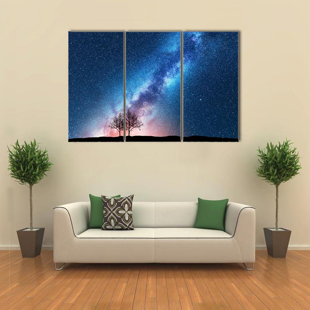 Trees Against Starry Sky With Milky Way Canvas Wall Art-3 Horizontal-Gallery Wrap-37" x 24"-Tiaracle