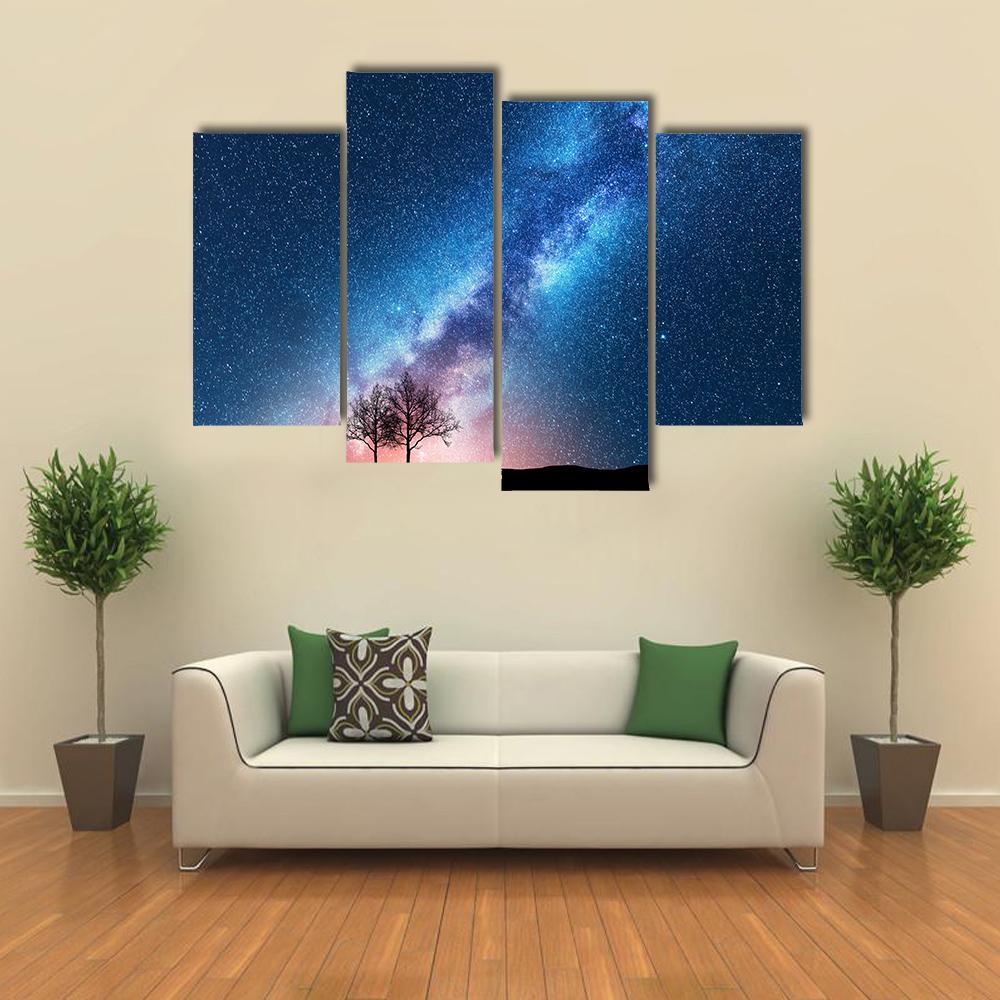 Trees Against Starry Sky With Milky Way Canvas Wall Art-4 Pop-Gallery Wrap-50" x 32"-Tiaracle
