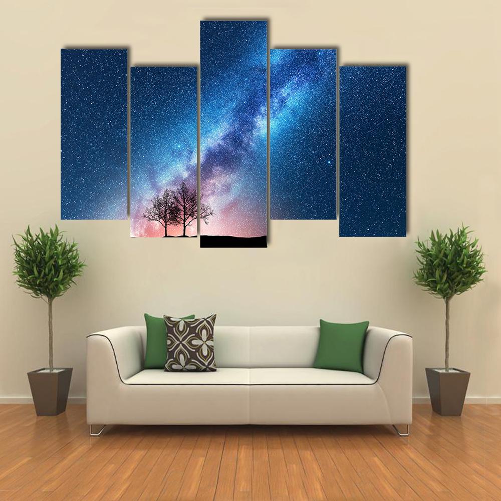 Trees Against Starry Sky With Milky Way Canvas Wall Art-5 Pop-Gallery Wrap-47" x 32"-Tiaracle