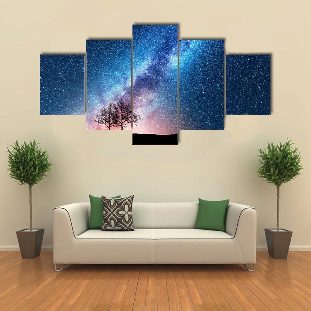Trees Against Starry Sky With Milky Way Canvas Wall Art-5 Star-Gallery Wrap-62" x 32"-Tiaracle