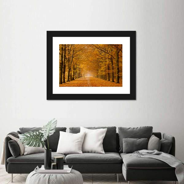 Trees Alongside Road In Autumn Canvas Wall Art-1 Piece-Framed Print-20" x 16"-Tiaracle