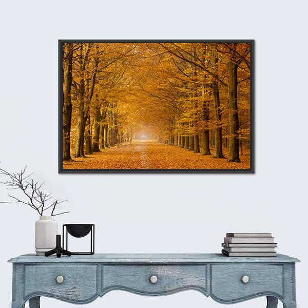 Trees Alongside Road In Autumn Canvas Wall Art-3 Horizontal-Gallery Wrap-25" x 16"-Tiaracle