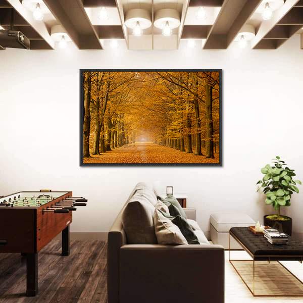 Trees Alongside Road In Autumn Canvas Wall Art-3 Horizontal-Gallery Wrap-25" x 16"-Tiaracle