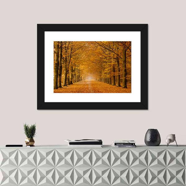 Trees Alongside Road In Autumn Canvas Wall Art-3 Horizontal-Gallery Wrap-25" x 16"-Tiaracle