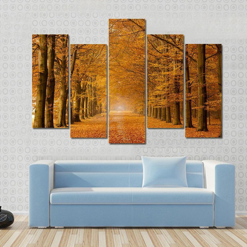 Trees Alongside Road In Autumn Canvas Wall Art-5 Pop-Gallery Wrap-47" x 32"-Tiaracle