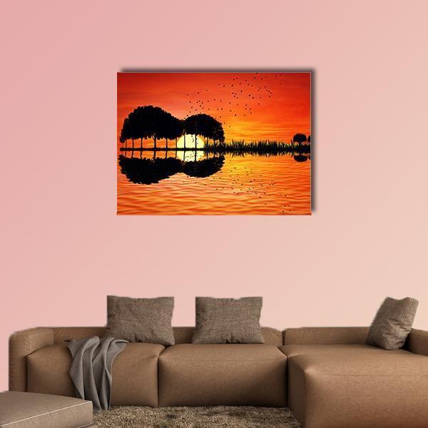 Guitar-shaped Trees at Sunset Canvas Wall Art in black, red and orange, single panel hung on a wall