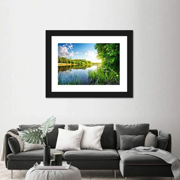 Trees By Calm River In The Morning Canvas Wall Art-1 Piece-Framed Print-20" x 16"-Tiaracle