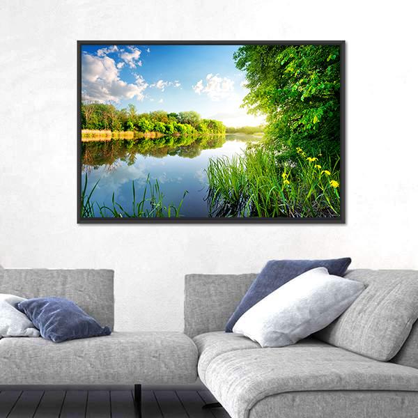 Trees By Calm River In The Morning Canvas Wall Art-1 Piece-Floating Frame-24" x 16"-Tiaracle