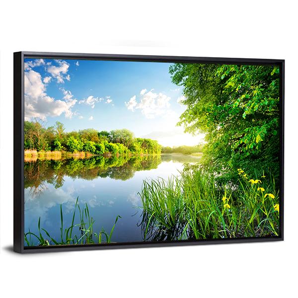 Trees By Calm River In The Morning Canvas Wall Art-3 Horizontal-Gallery Wrap-25" x 16"-Tiaracle