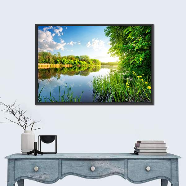 Trees By Calm River In The Morning Canvas Wall Art-3 Horizontal-Gallery Wrap-25" x 16"-Tiaracle