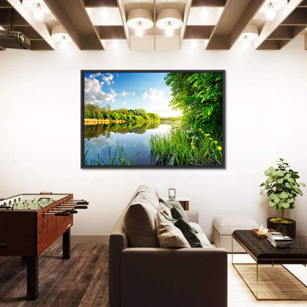 Trees By Calm River In The Morning Canvas Wall Art-3 Horizontal-Gallery Wrap-25" x 16"-Tiaracle