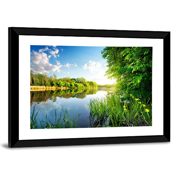 Trees By Calm River In The Morning Canvas Wall Art-3 Horizontal-Gallery Wrap-25" x 16"-Tiaracle