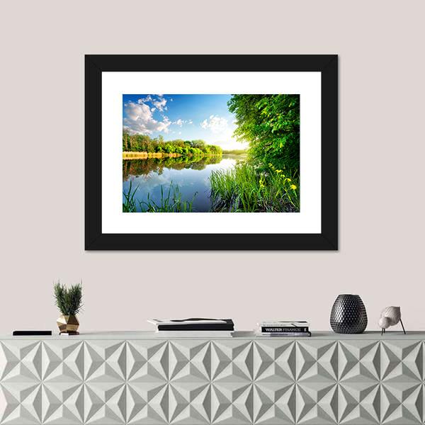 Trees By Calm River In The Morning Canvas Wall Art-3 Horizontal-Gallery Wrap-25" x 16"-Tiaracle