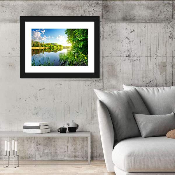 Trees By Calm River In The Morning Canvas Wall Art-3 Horizontal-Gallery Wrap-25" x 16"-Tiaracle