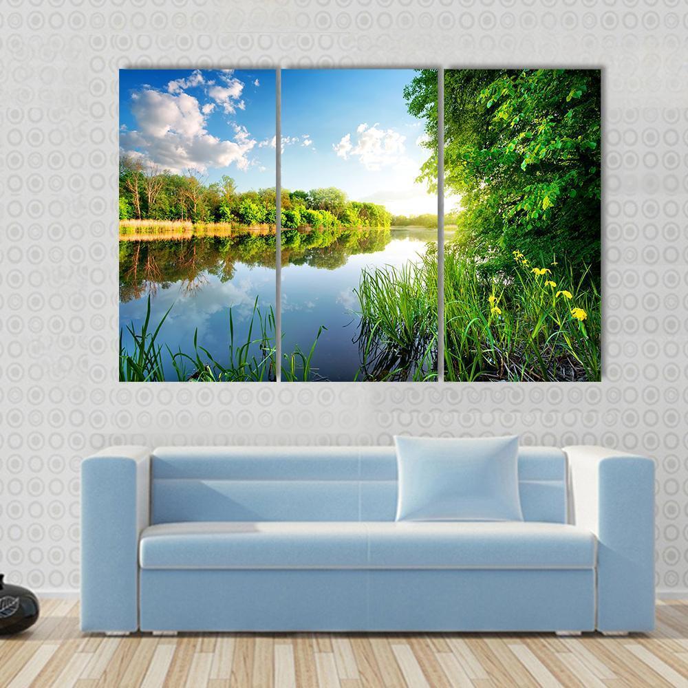 Trees By Calm River In The Morning Canvas Wall Art-3 Horizontal-Gallery Wrap-37" x 24"-Tiaracle