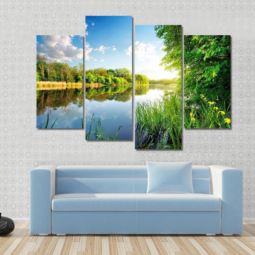 Trees By Calm River In The Morning Canvas Wall Art-4 Pop-Gallery Wrap-50" x 32"-Tiaracle