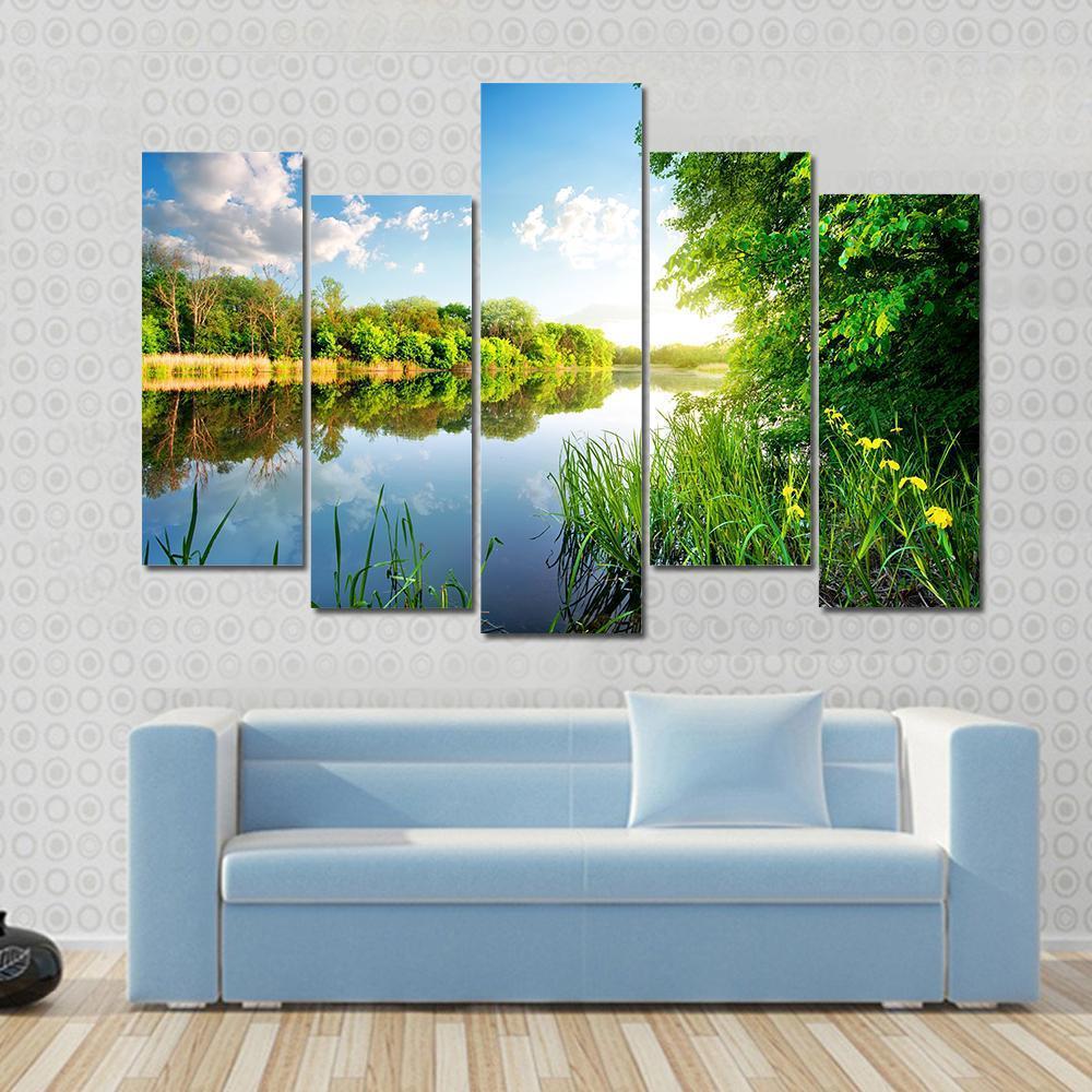 Trees By Calm River In The Morning Canvas Wall Art-5 Pop-Gallery Wrap-47" x 32"-Tiaracle
