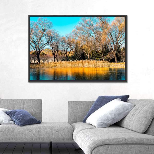 Trees By The Lake In Autumn Canvas Wall Art-1 Piece-Floating Frame-24" x 16"-Tiaracle