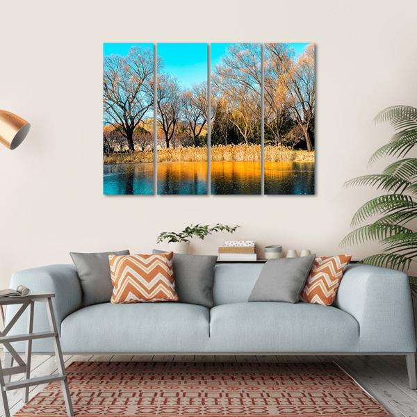 Trees By The Lake In Autumn Canvas Wall Art-4 Horizontal-Gallery Wrap-34" x 24"-Tiaracle