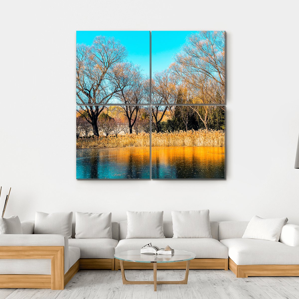 Trees By The Lake In Autumn Canvas Wall Art-4 Square-Gallery Wrap-17" x 17"-Tiaracle