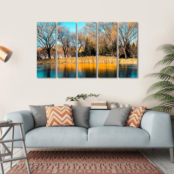 Trees By The Lake In Autumn Canvas Wall Art-5 Horizontal-Gallery Wrap-22" x 12"-Tiaracle
