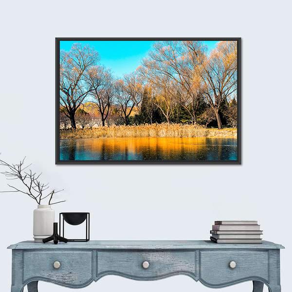 Trees By The Lake In Autumn Canvas Wall Art-5 Horizontal-Gallery Wrap-22" x 12"-Tiaracle